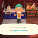 Animal Crossing island rep holding up an apple smoothie.